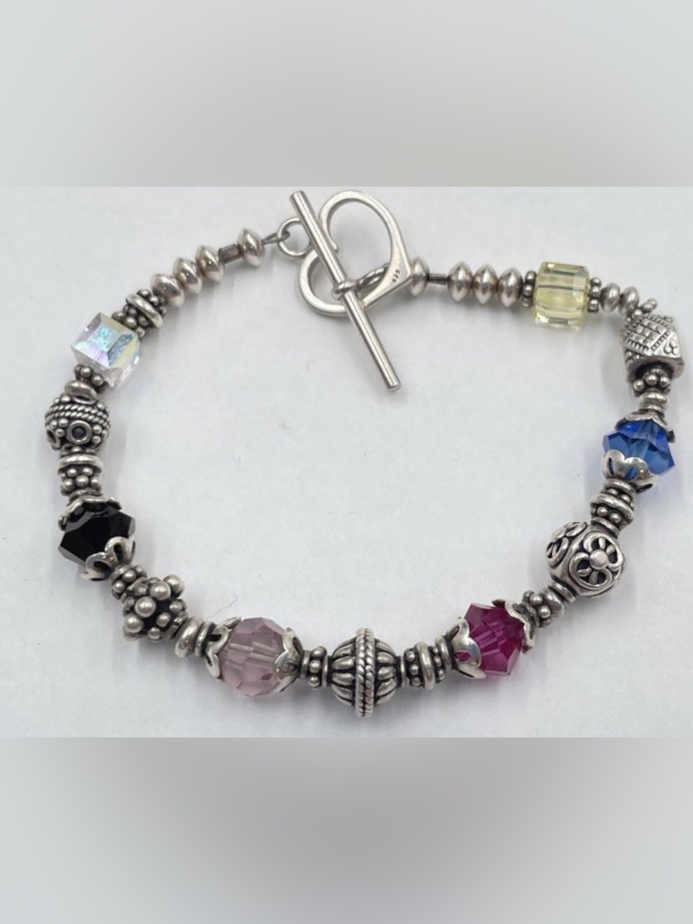 * Sterling Silver Heart Toggle Bracelet Multi Color Crystal Glass Beads *